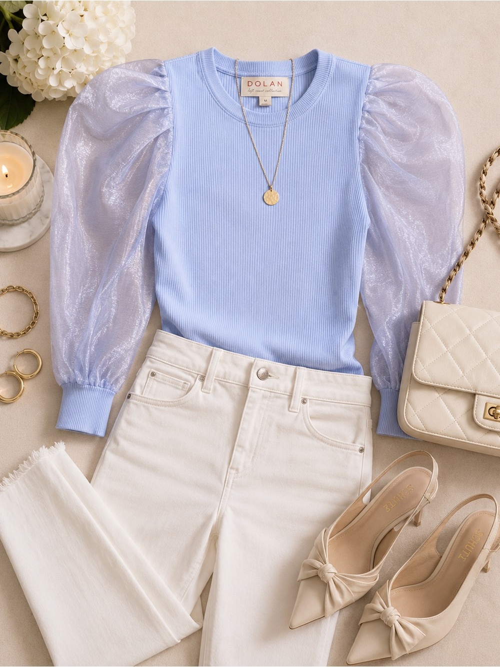 Anthropologie Dolan Left Coast Blue Organza Puff Sleeve Ribbed Top